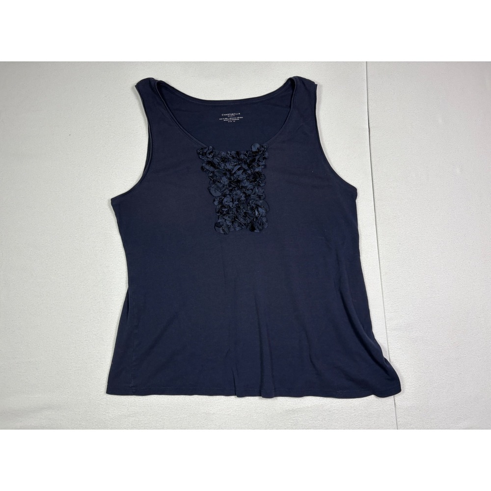 Charter Club Woman Navy Blue Floral Applique Beaded Tank Top Plus Size 3X